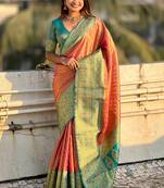 Pink woven self design embellished tissue kanjivaram saree with blouse