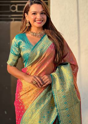 Pink woven self design embellished tissue kanjivaram saree with blouse 2