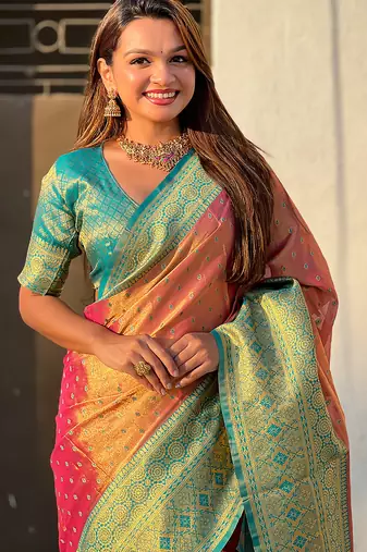 Pink woven self design embellished tissue kanjivaram saree with blouse