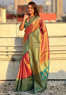 Pink woven self design embellished tissue kanjivaram saree with blouse 3