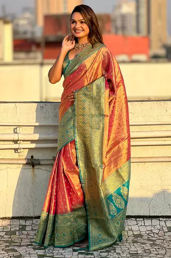 Pink woven self design embellished tissue kanjivaram saree with blouse