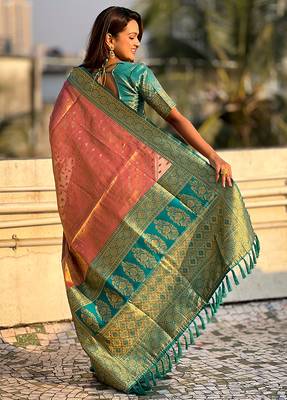 Pink woven self design embellished tissue kanjivaram saree with blouse 4