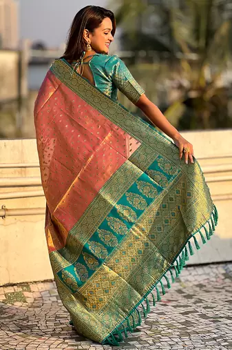 Pink woven self design embellished tissue kanjivaram saree with blouse