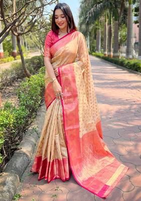 Beige woven self design embellished tissue kanjivaram saree with blouse 1