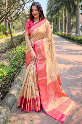 Beige woven self design embellished tissue kanjivaram saree with blouse