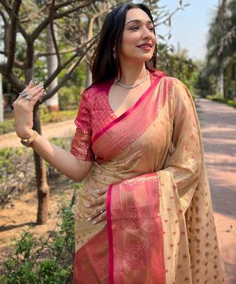 Beige woven self design embellished tissue kanjivaram saree with blouse 2