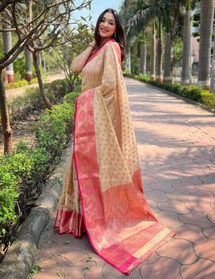 Beige woven self design embellished tissue kanjivaram saree with blouse 3