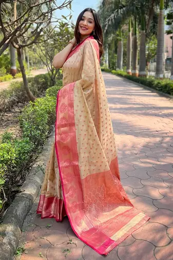 Beige woven self design embellished tissue kanjivaram saree with blouse