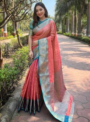 Peach woven self design embellished tissue kanjivaram saree with blouse 1