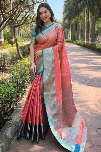 Peach woven self design embellished tissue kanjivaram saree with blouse
