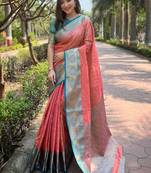 Peach woven self design embellished tissue kanjivaram saree with blouse