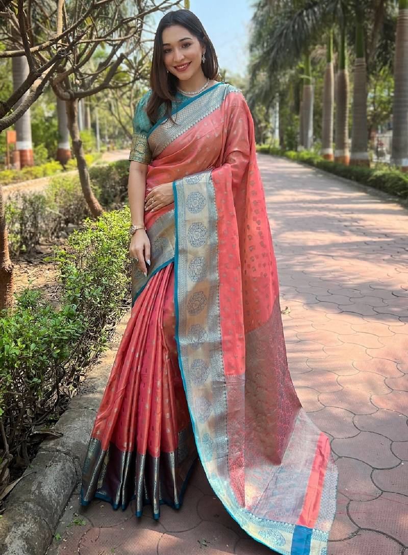 Peach woven self design embellished tissue kanjivaram saree with blouse