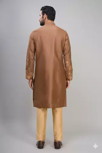 coffee silk kurta pant set with embroidered work