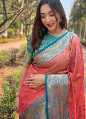 Peach woven self design embellished tissue kanjivaram saree with blouse 2