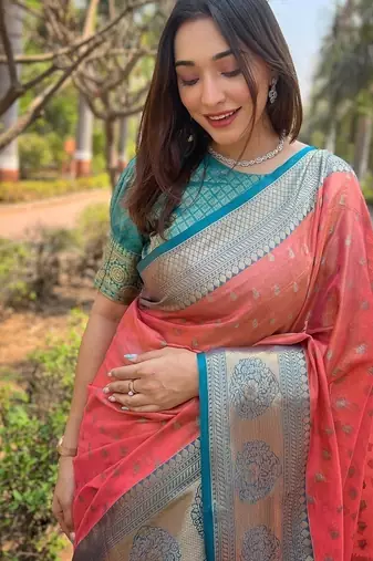 Peach woven self design embellished tissue kanjivaram saree with blouse