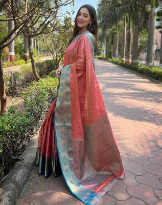Peach woven self design embellished tissue kanjivaram saree with blouse 3
