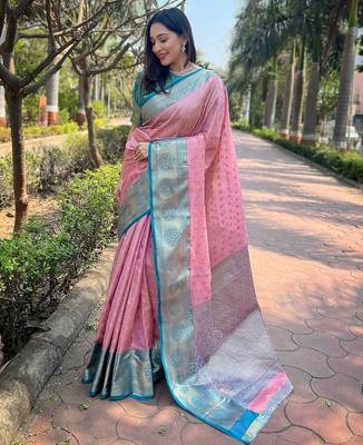 Pink woven self design embellished tissue kanjivaram saree with blouse 1