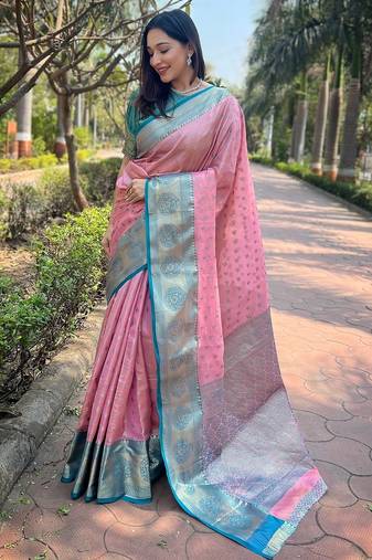 Pink woven self design embellished tissue kanjivaram saree with blouse