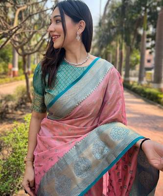Pink woven self design embellished tissue kanjivaram saree with blouse 2