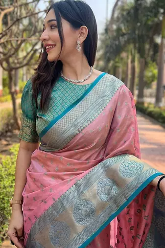 Pink woven self design embellished tissue kanjivaram saree with blouse