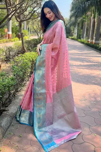 Pink woven self design embellished tissue kanjivaram saree with blouse