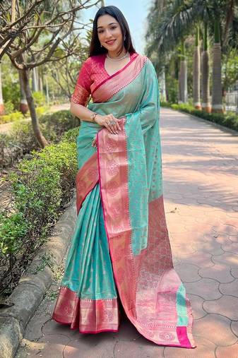 Sky blue woven self design embellished tissue kanjivaram saree with blouse