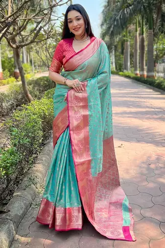 Sky blue woven self design embellished tissue kanjivaram saree with blouse