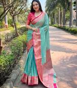 Sky blue woven self design embellished tissue kanjivaram saree with blouse
