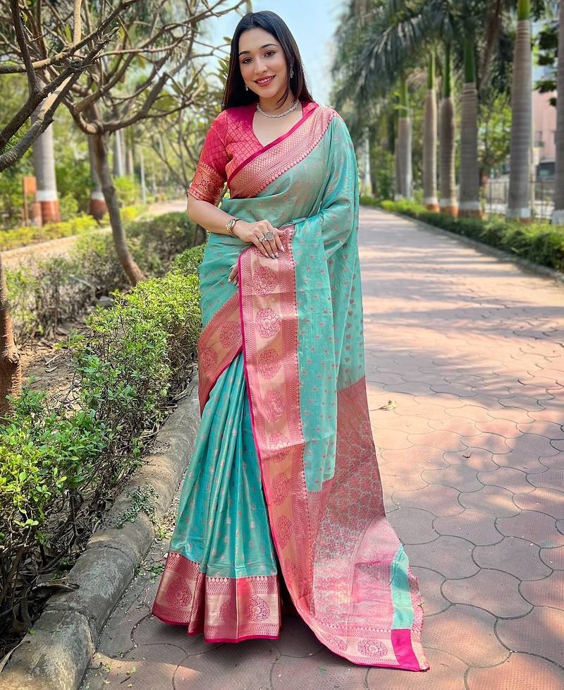 Sky blue woven self design embellished tissue kanjivaram saree with blouse