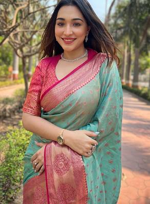 Sky blue woven self design embellished tissue kanjivaram saree with blouse 2