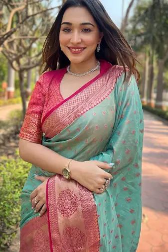 Sky blue woven self design embellished tissue kanjivaram saree with blouse