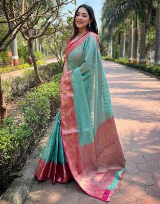 Sky blue woven self design embellished tissue kanjivaram saree with blouse 3