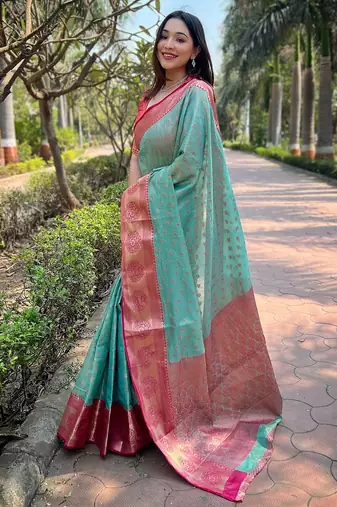 Sky blue woven self design embellished tissue kanjivaram saree with blouse