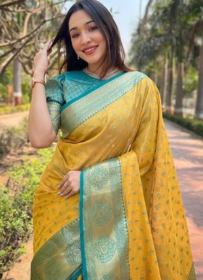 Yellow woven self design embellished tissue kanjivaram saree with blouse 2