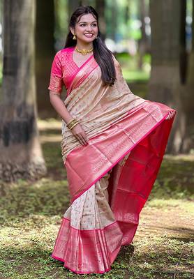 Beige woven self design embellished tissue kanjivaram saree with blouse 1