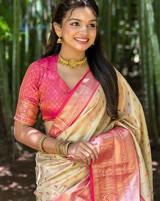 Beige woven self design embellished tissue kanjivaram saree with blouse 2