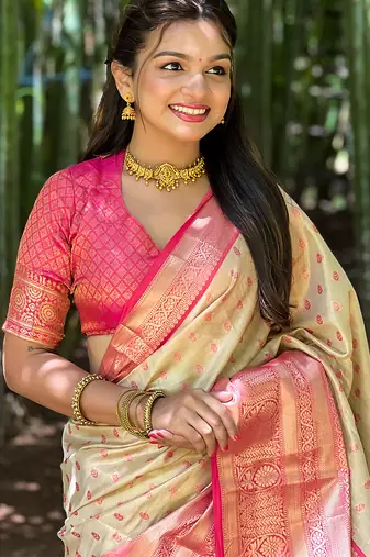 Beige woven self design embellished tissue kanjivaram saree with blouse