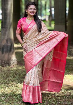 Beige woven self design embellished tissue kanjivaram saree with blouse 3