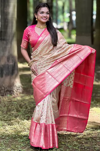 Beige woven self design embellished tissue kanjivaram saree with blouse