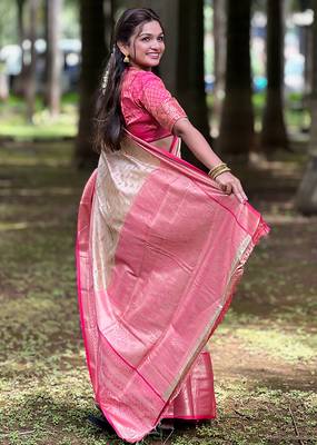 Beige woven self design embellished tissue kanjivaram saree with blouse 4