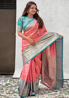 Peach woven self design embellished tissue kanjivaram saree with blouse 1