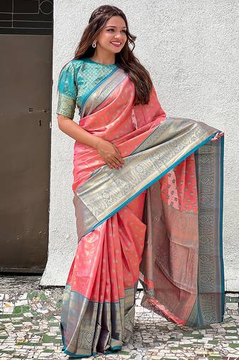 Peach woven self design embellished tissue kanjivaram saree with blouse