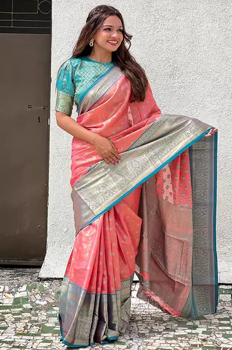 Peach woven self design embellished tissue kanjivaram saree with blouse