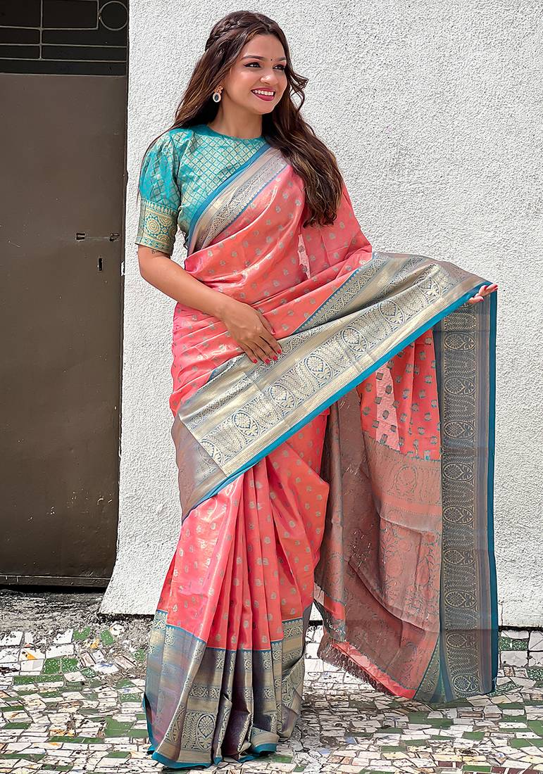 Peach woven self design embellished tissue kanjivaram saree with blouse