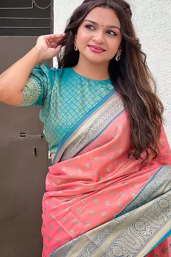 Peach woven self design embellished tissue kanjivaram saree with blouse