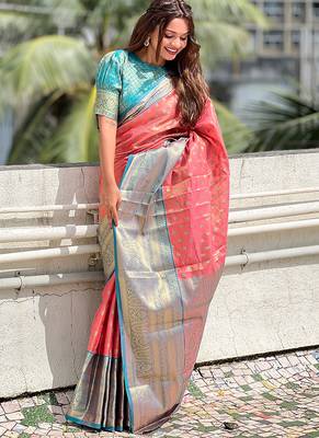 Peach woven self design embellished tissue kanjivaram saree with blouse 3