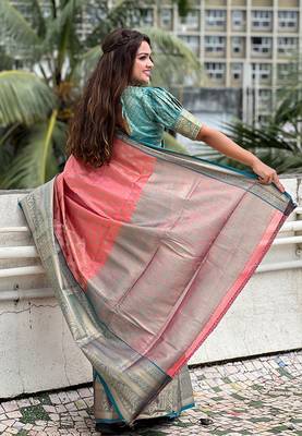 Peach woven self design embellished tissue kanjivaram saree with blouse 4