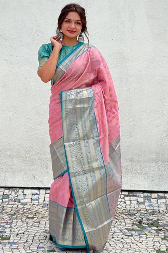 Pink woven self design embellished tissue kanjivaram saree with blouse
