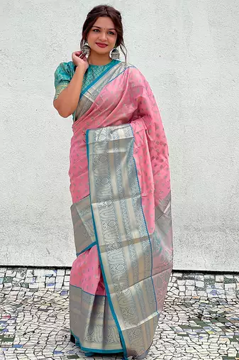 Pink woven self design embellished tissue kanjivaram saree with blouse