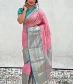 Pink woven self design embellished tissue kanjivaram saree with blouse
